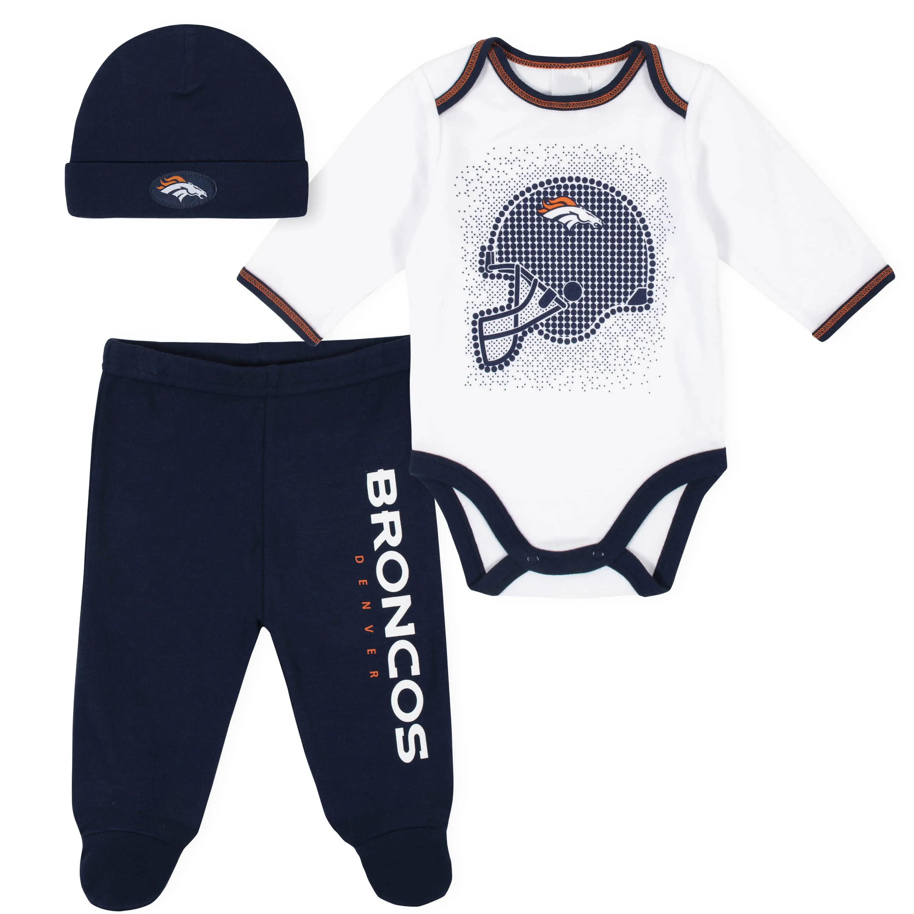 3-Piece Baby Boys Denver Broncos Bodysuit, Footed Pant, and Cap Set