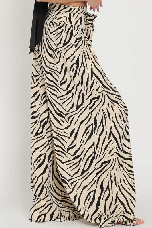 Alex High Waist Tie Zebra Print Wide Leg Pants Beige