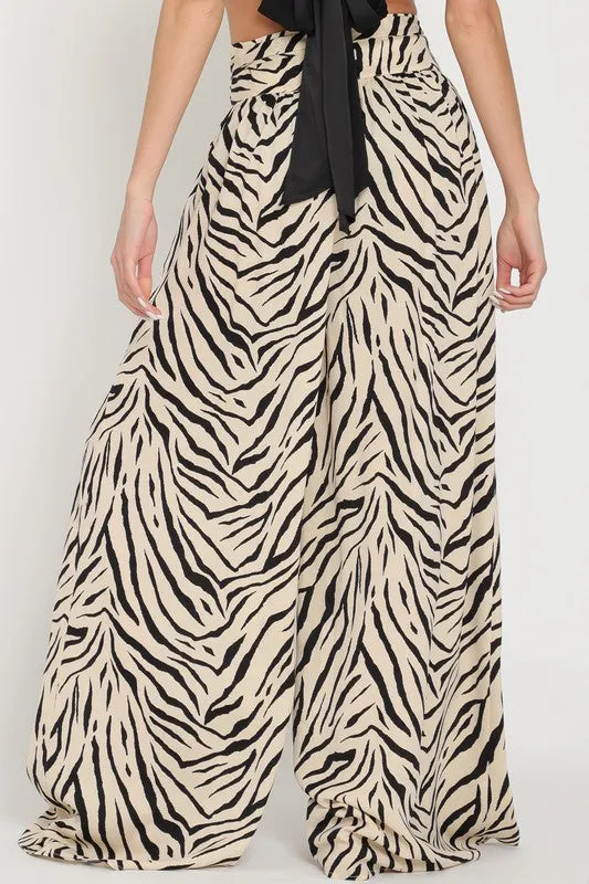 Alex High Waist Tie Zebra Print Wide Leg Pants Beige