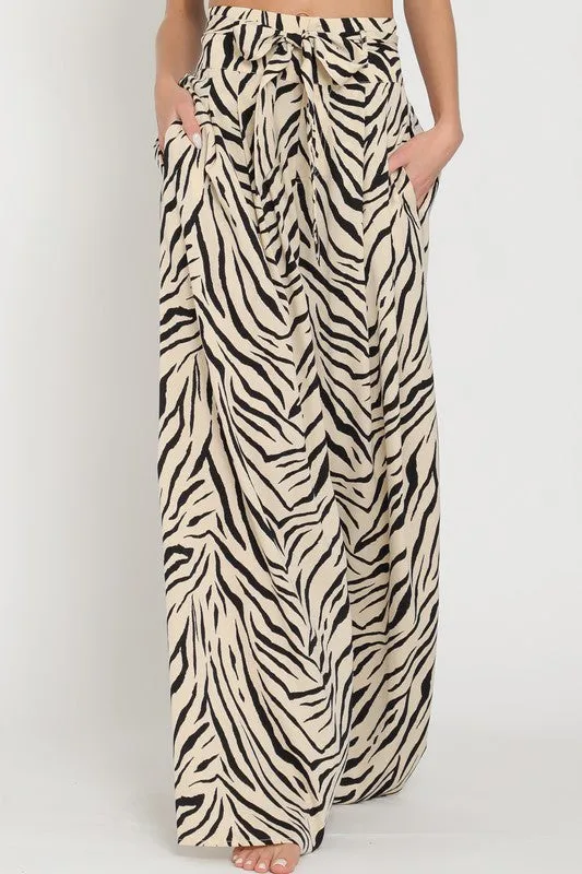 Alex High Waist Tie Zebra Print Wide Leg Pants Beige