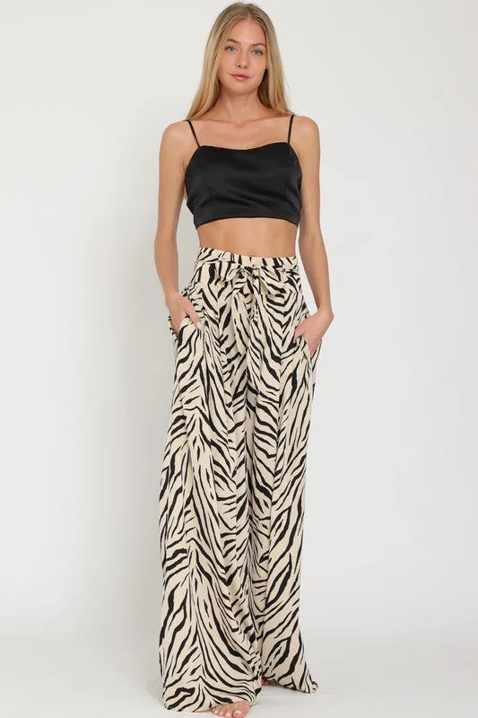 Alex High Waist Tie Zebra Print Wide Leg Pants Beige