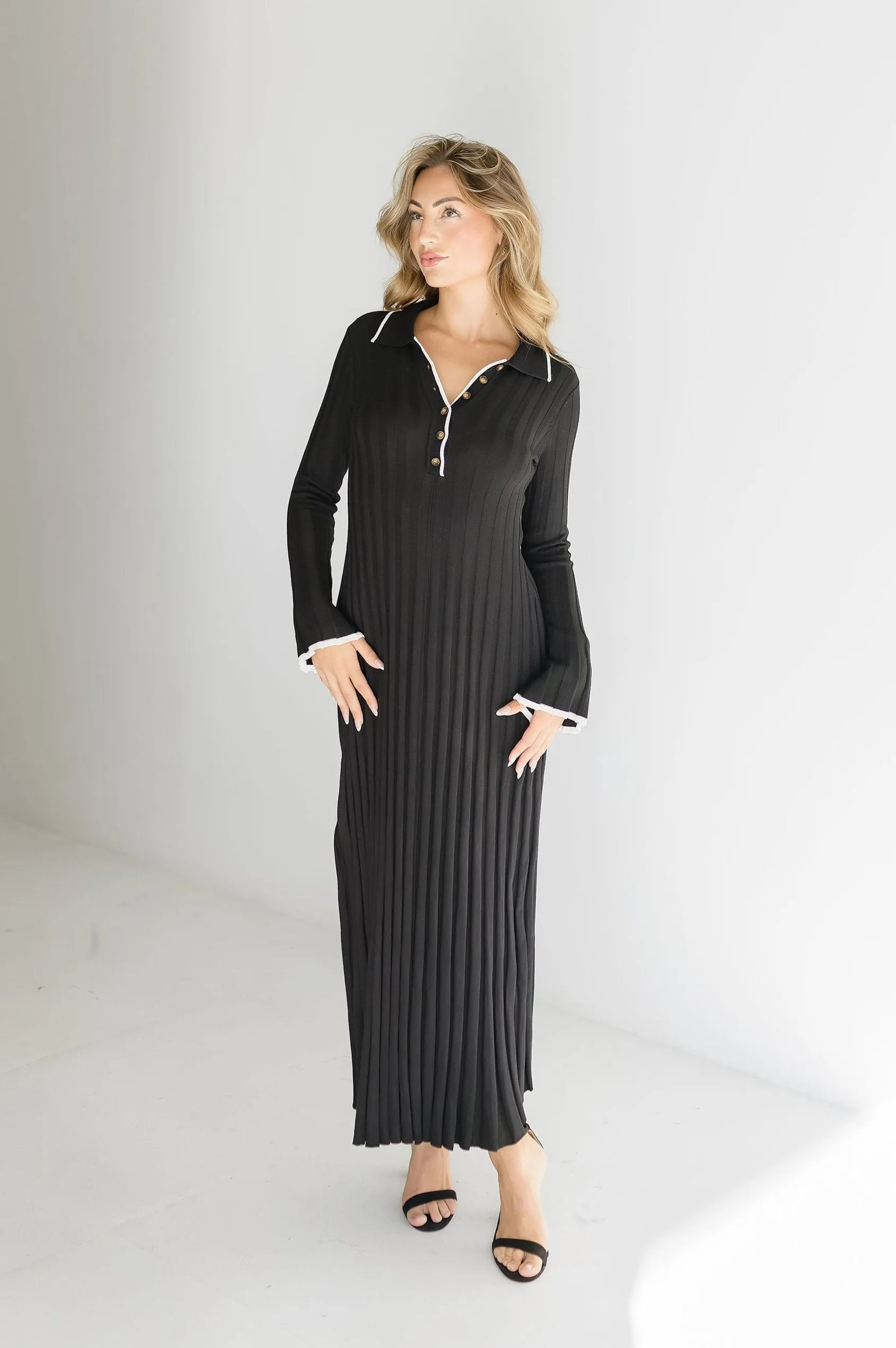 Anastasia Long Sleeve Contrast Ribbed Maxi Dress Black