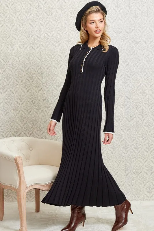 Anastasia Long Sleeve Contrast Ribbed Maxi Dress Black