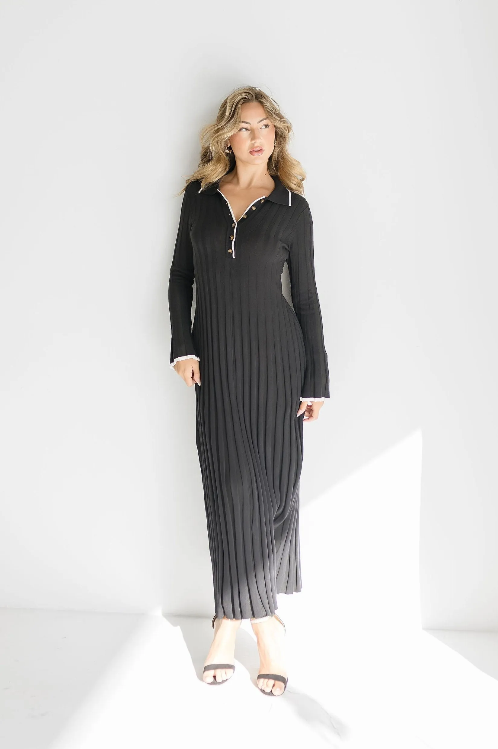 Anastasia Long Sleeve Contrast Ribbed Maxi Dress Black