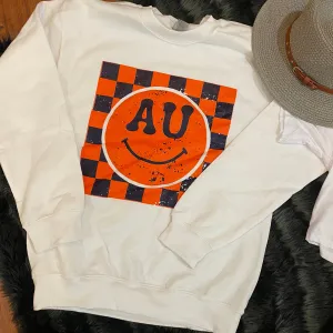 AUBURN CHECKERED SMILEY FACE WHITE SWEATSHIRT