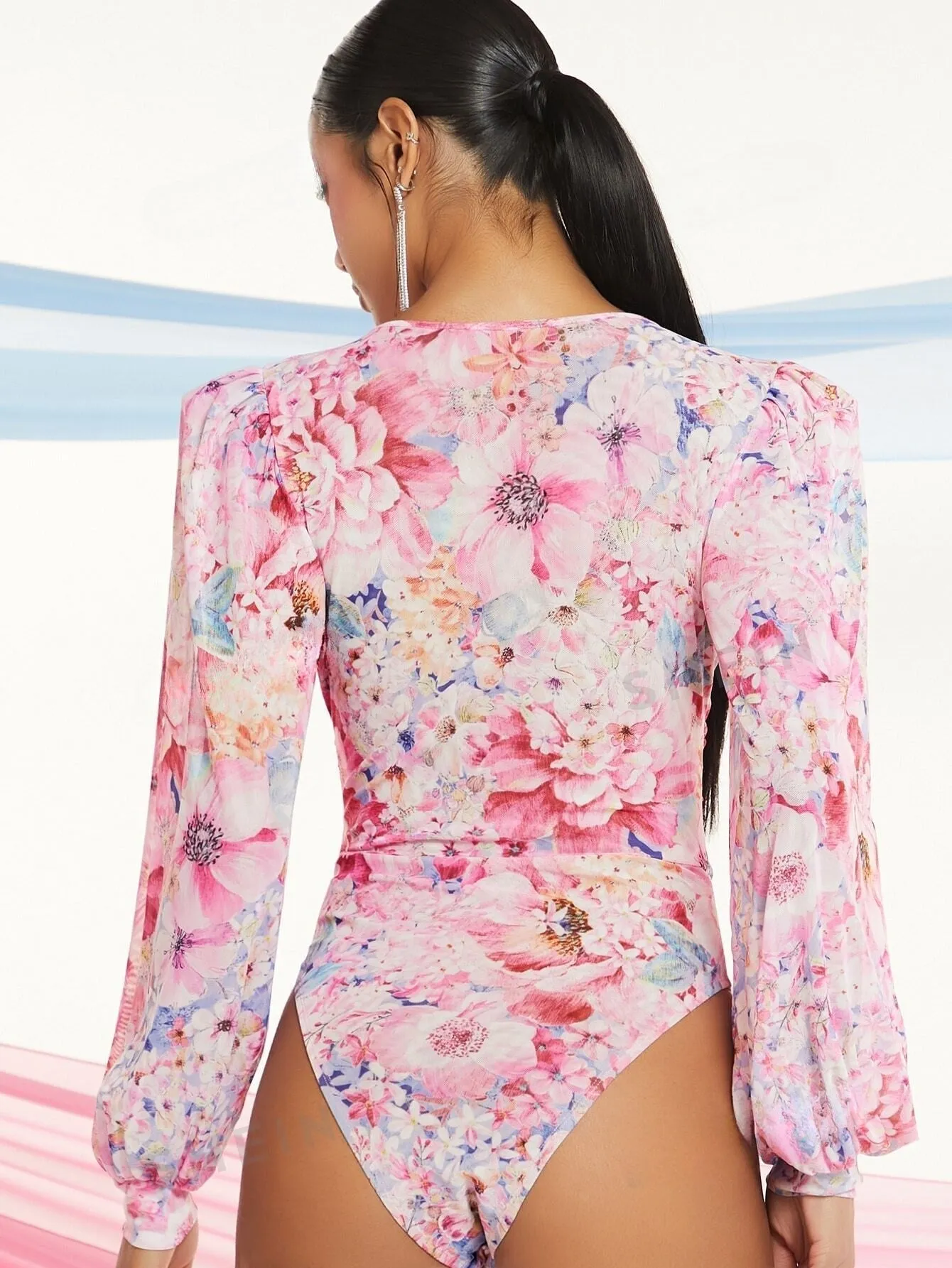 BAE Floral Print Plunging Neck Lantern Sleeve Bodysuit