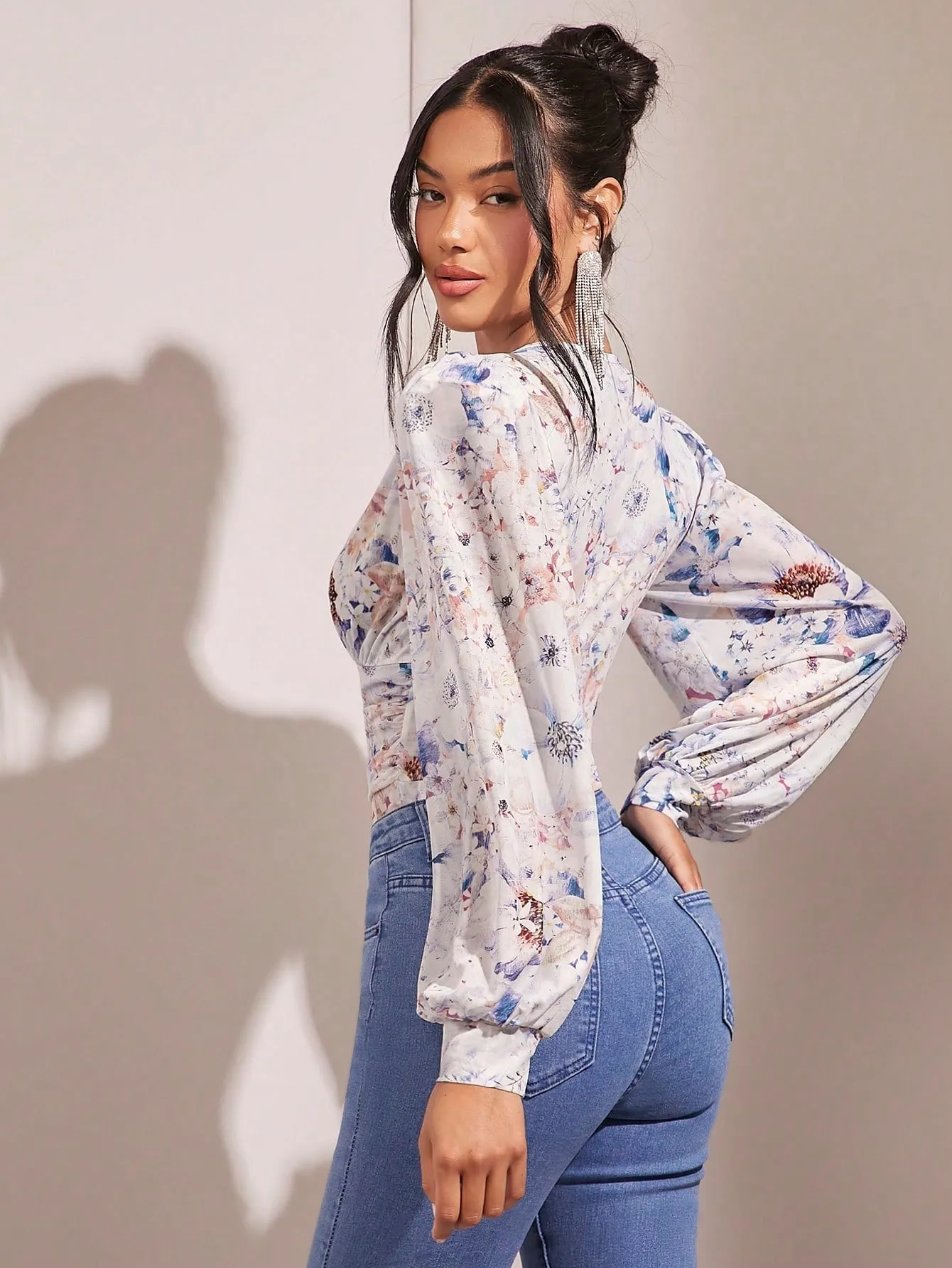 BAE Floral Print Plunging Neck Lantern Sleeve Bodysuit