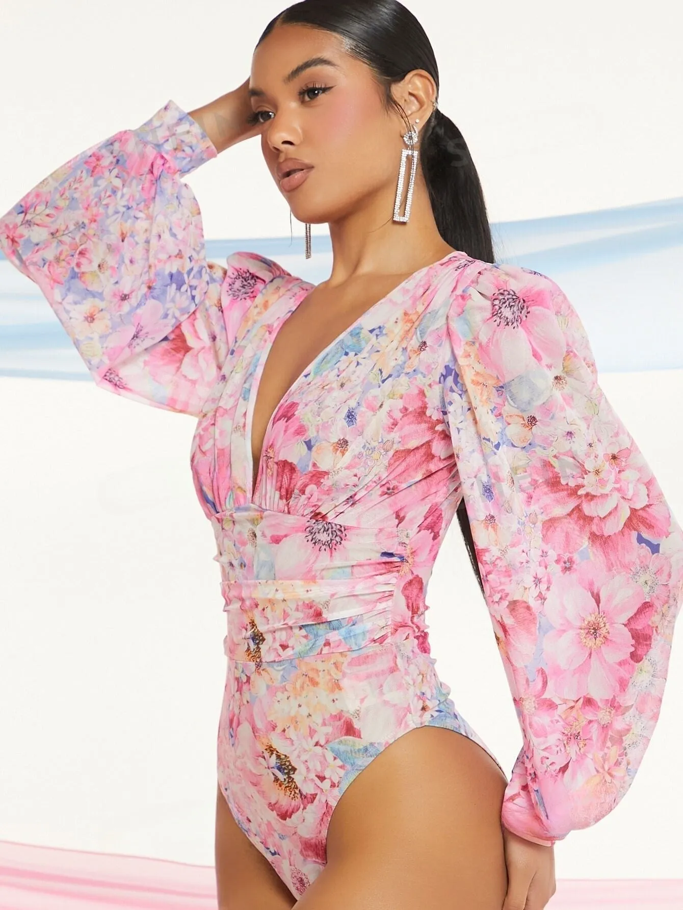 BAE Floral Print Plunging Neck Lantern Sleeve Bodysuit