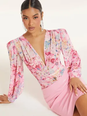 BAE Floral Print Plunging Neck Lantern Sleeve Bodysuit