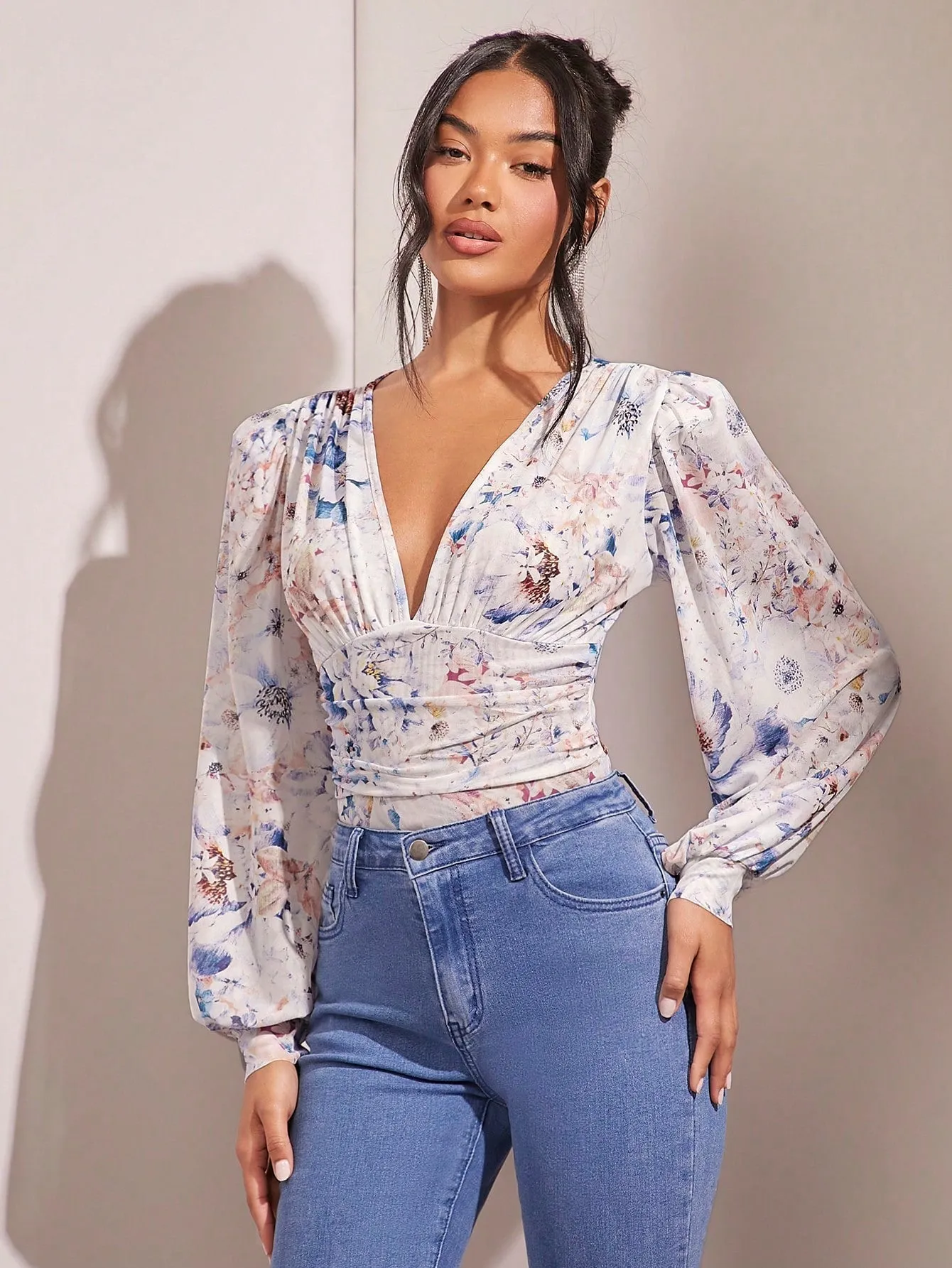 BAE Floral Print Plunging Neck Lantern Sleeve Bodysuit