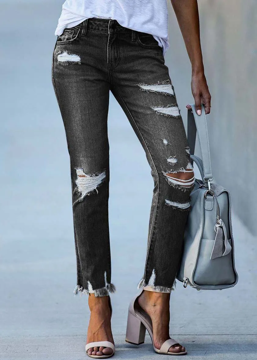 Black Denim Ripped Pants High Waist Summer LY4012