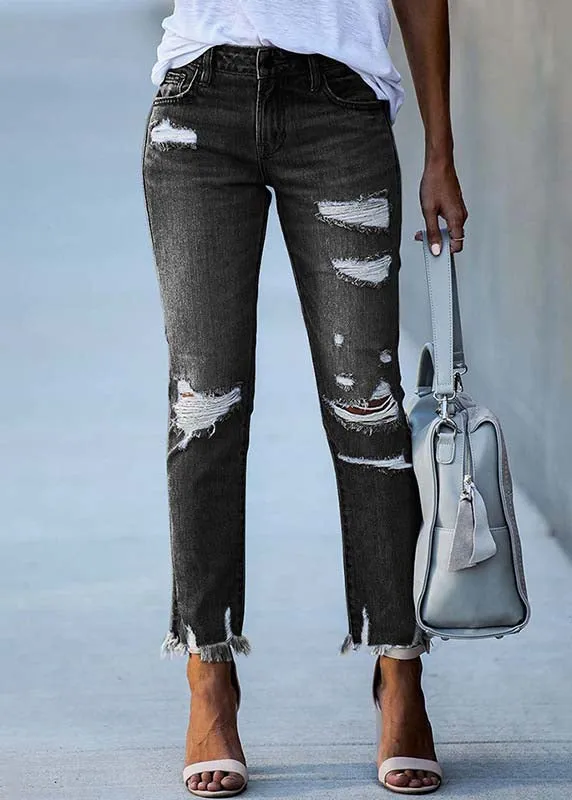 Black Denim Ripped Pants High Waist Summer LY4012