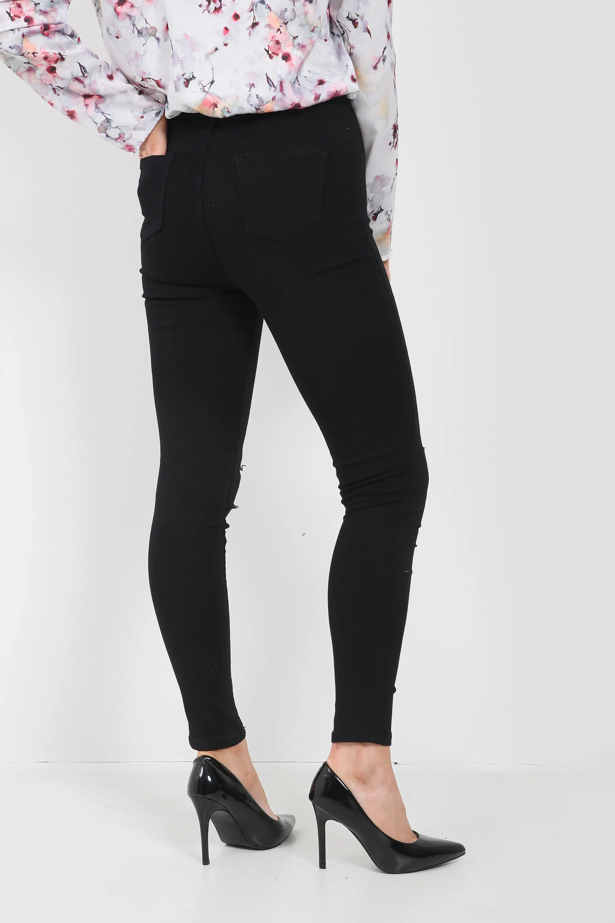 BLACK LADIES KNEE CUT HIGH WAISTED JEANS