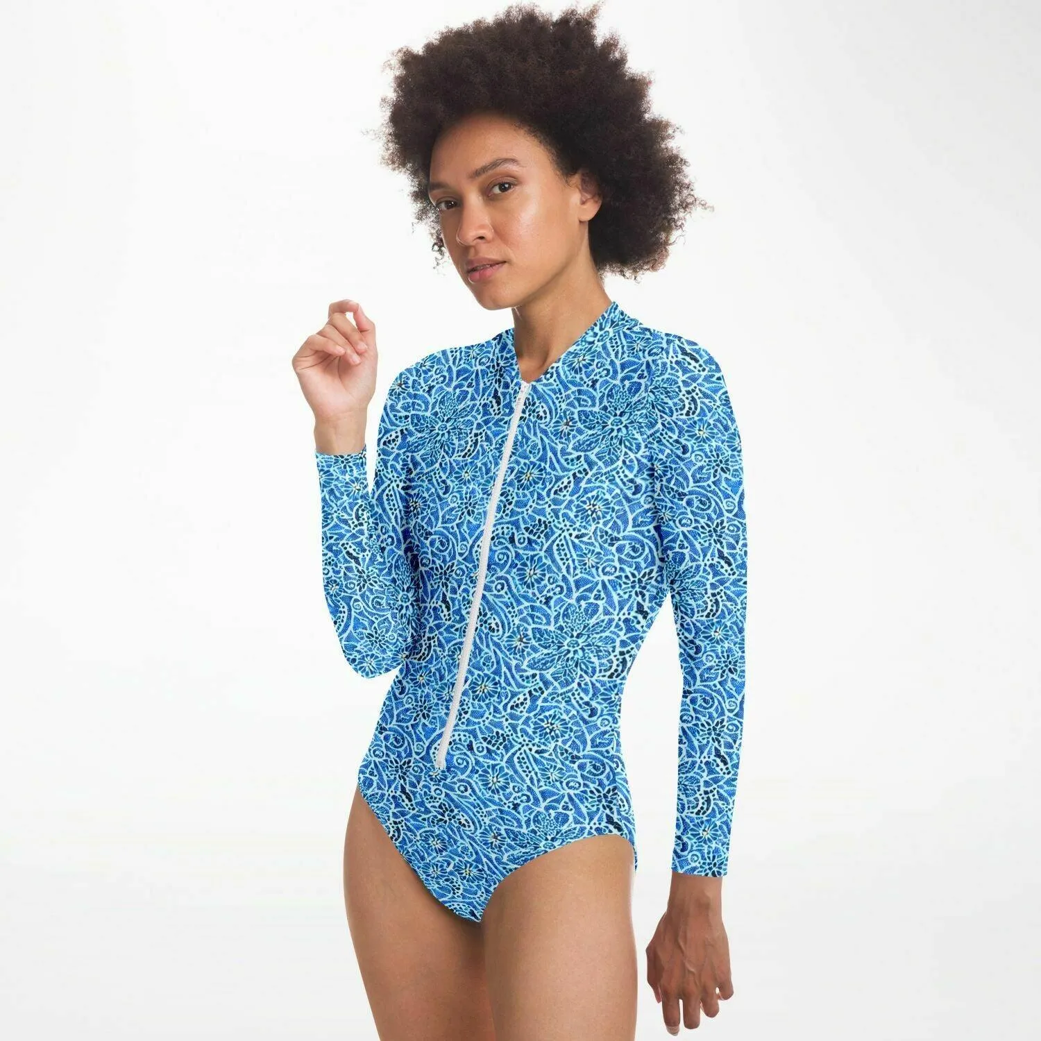 Blue Detailed Pattern Bodysuit Long Sleeve Swim Wear