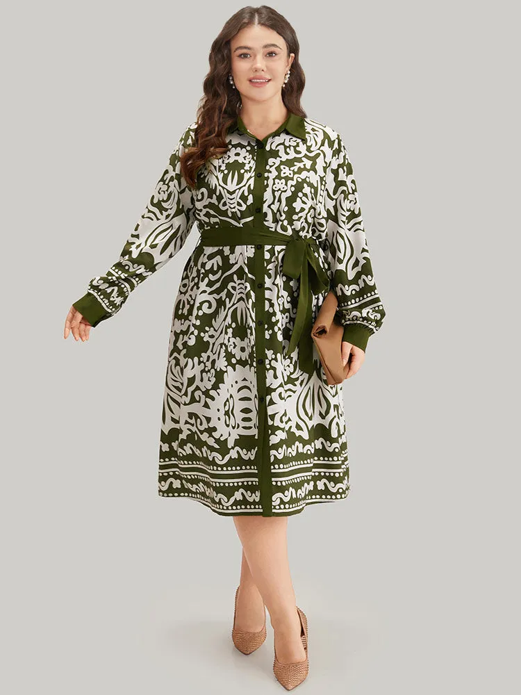 Boho Print Pocket Button Through Belted Contrast Dress