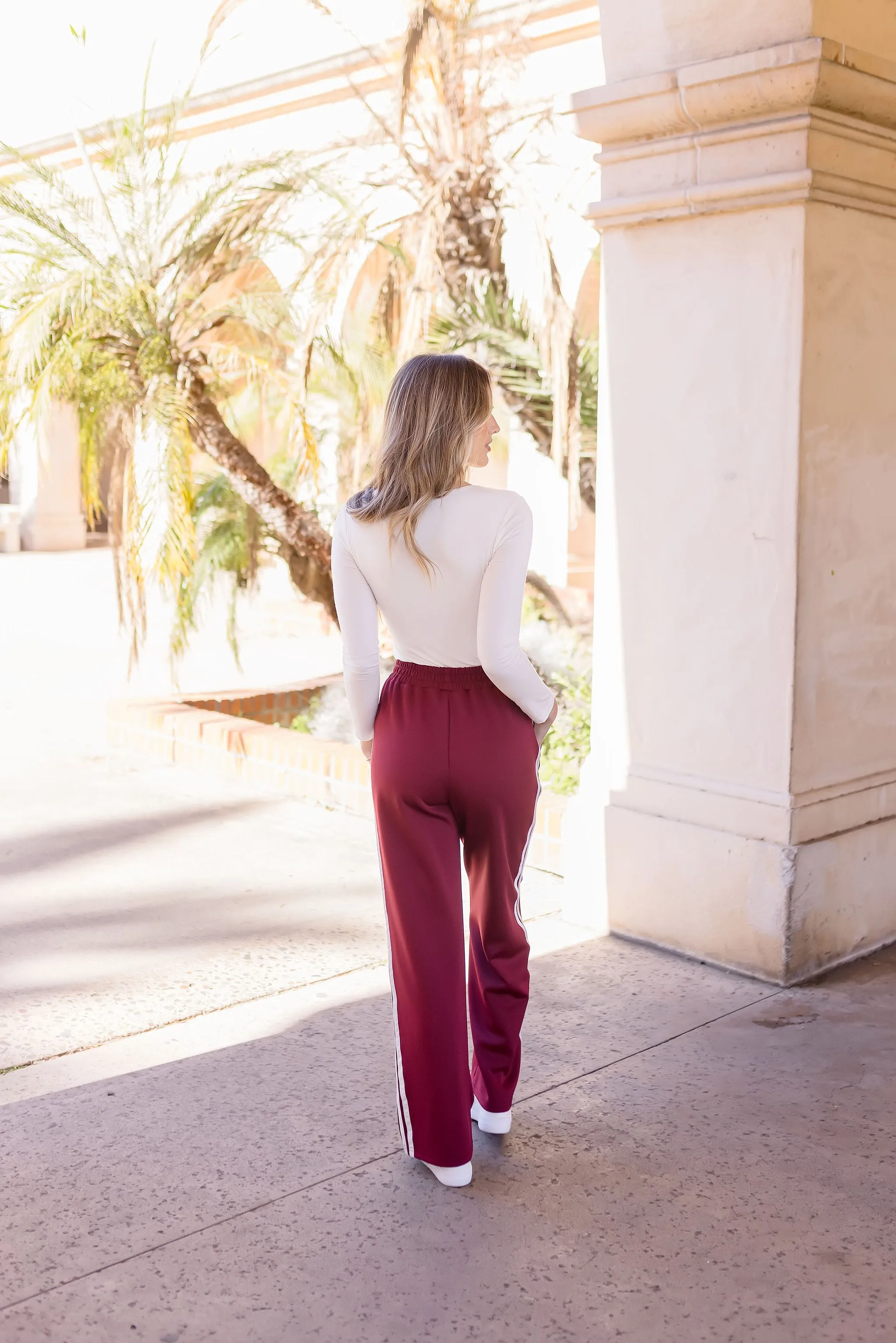 Brixton High Waist Stripe Print Track Pants Burgundy