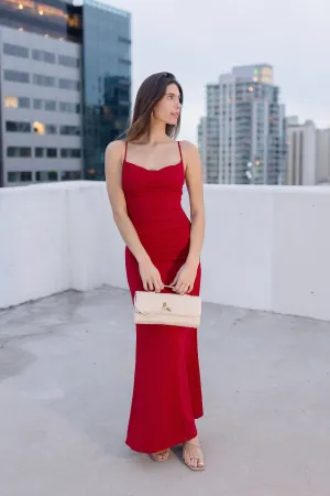 Chelsea Sleeveless Cowl Neck Ruched Maxi Dress Red