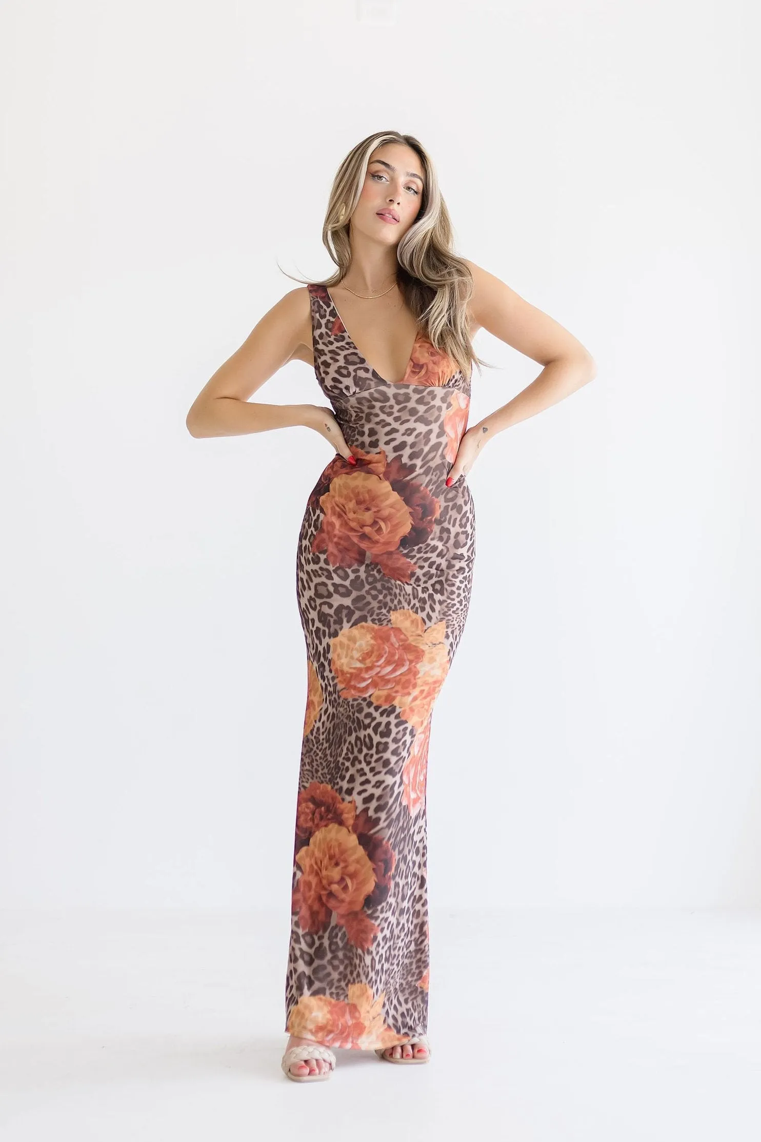 Christine Sleeveless Leopard Floral Print Maxi Dress Brown