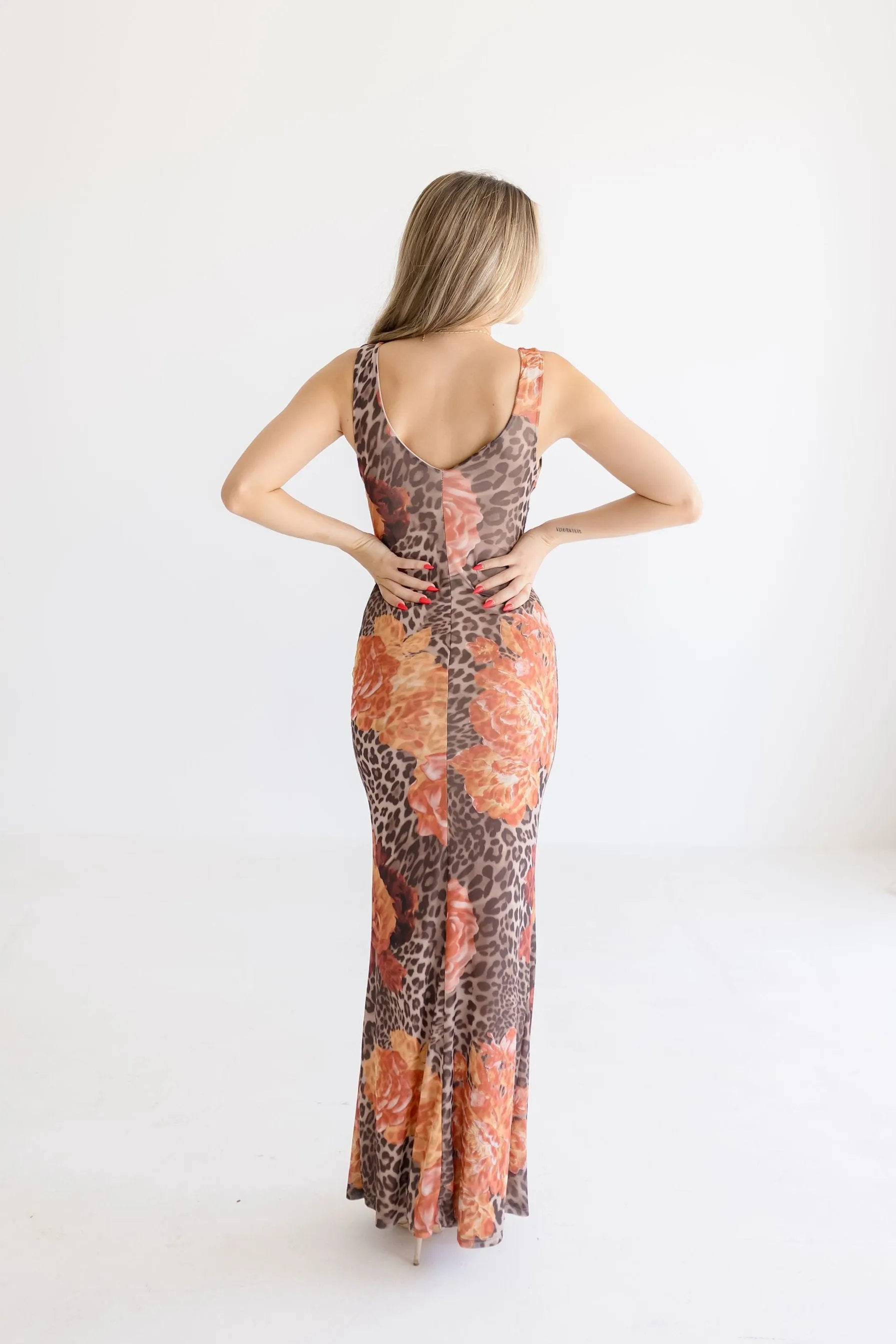 Christine Sleeveless Leopard Floral Print Maxi Dress Brown