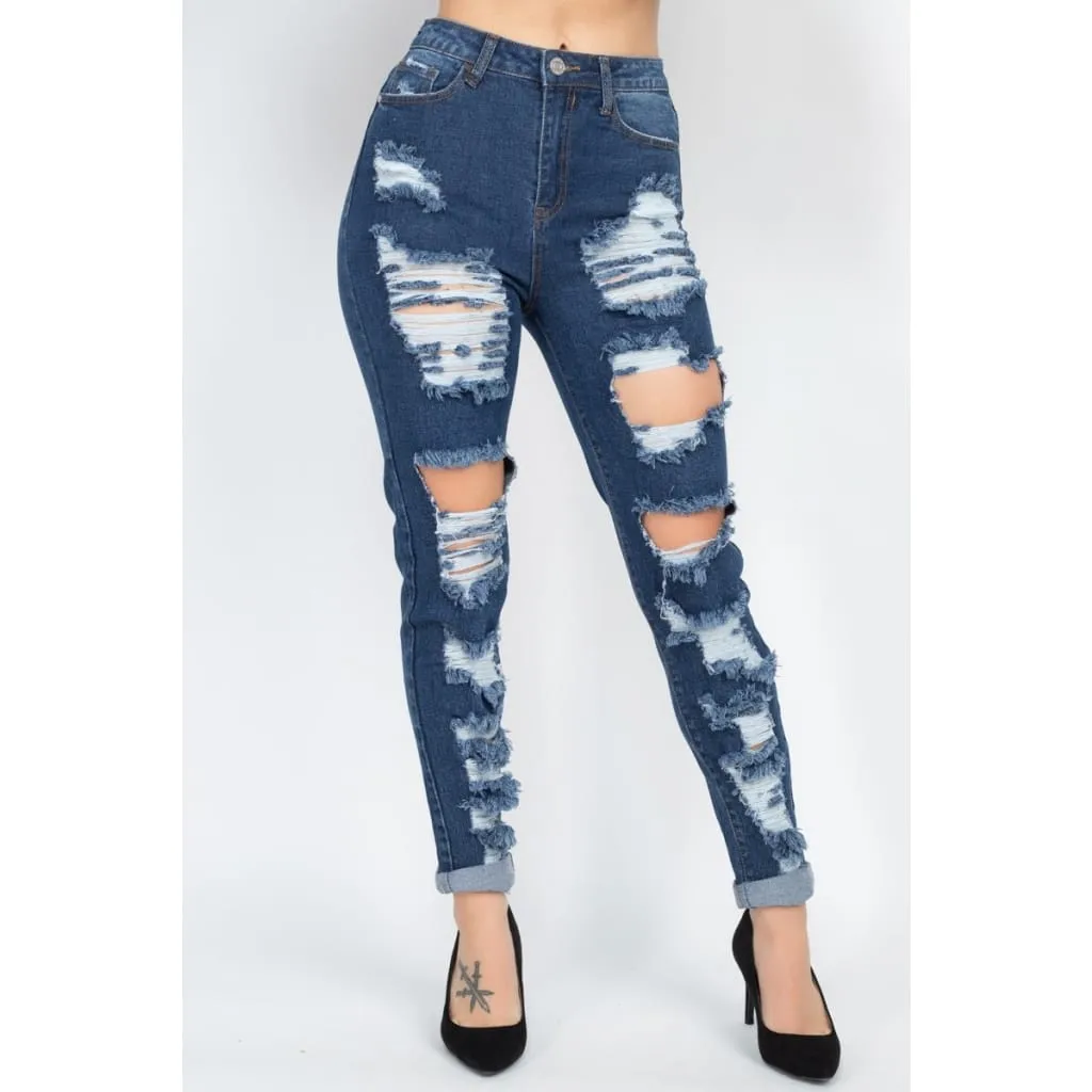 Dark Distressed Straight Leg Jeans