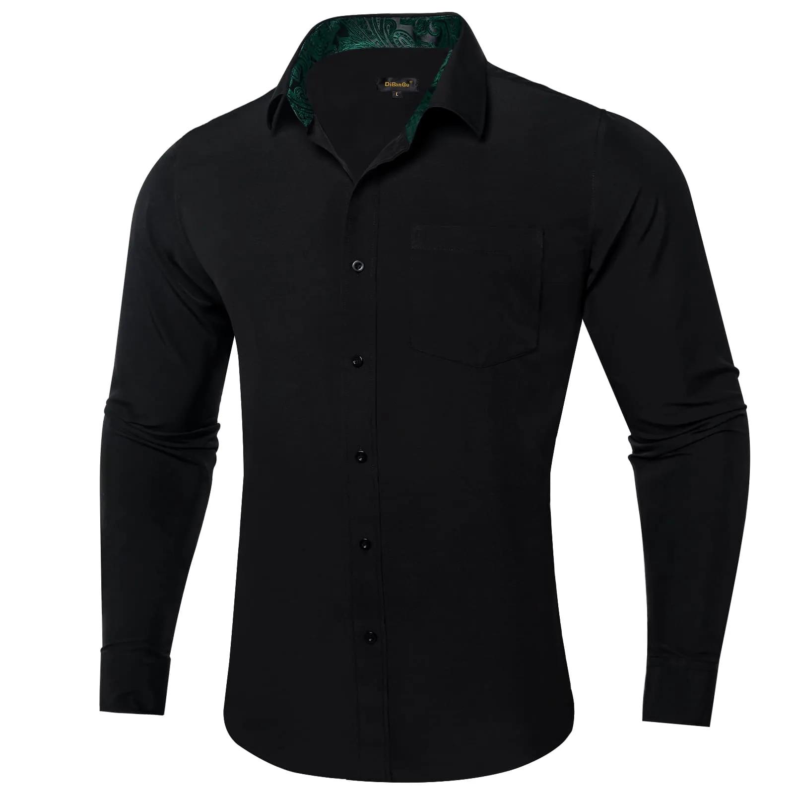 DiBanGu Black Solid Splicing Deep Green Paisley Silk Mens Long Sleeve Shirt