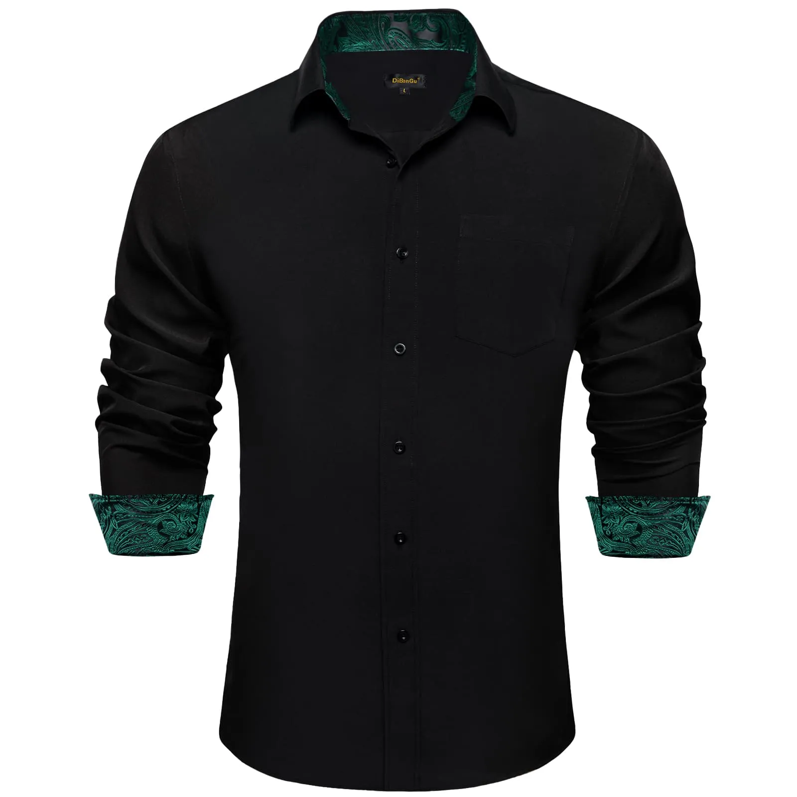 DiBanGu Black Solid Splicing Deep Green Paisley Silk Mens Long Sleeve Shirt