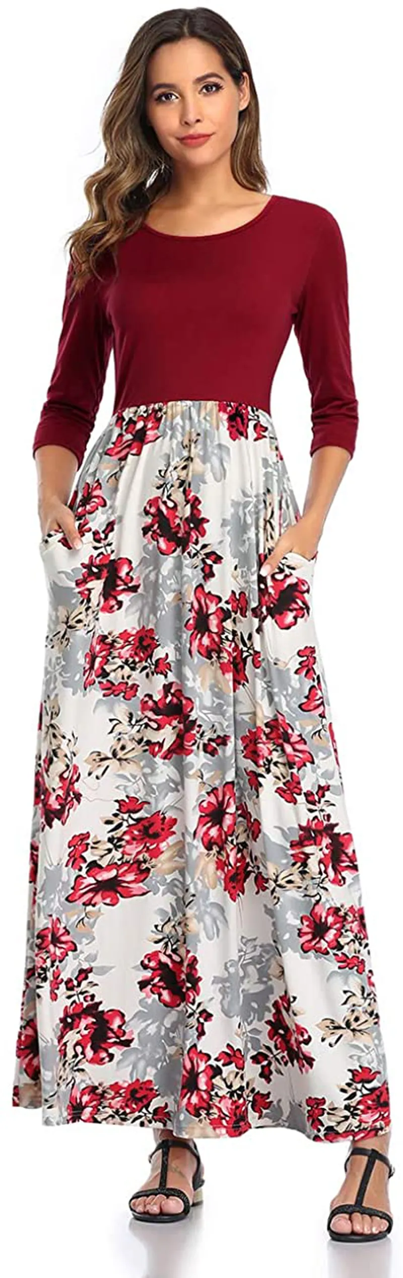 DUNEA Women's Maxi Dress Floral Printed Autumn 3/4 Sleeve Casual Tunic Long Maxi Dress