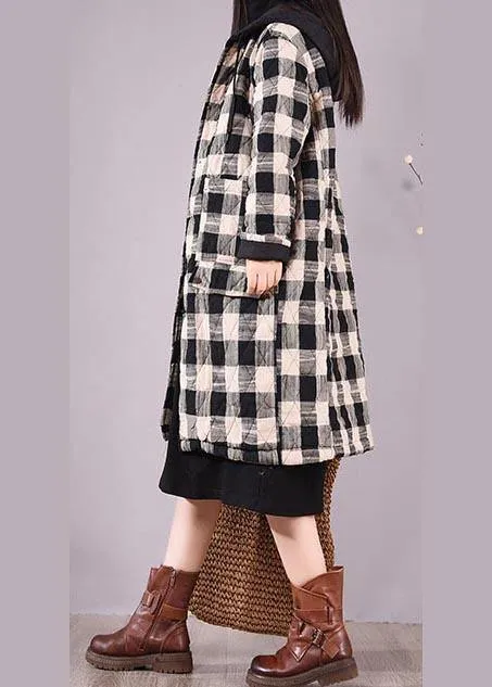 Elegant Black Plaid Parkas For Women Trendy Plus Size Coats Hooded Pockets Outwear