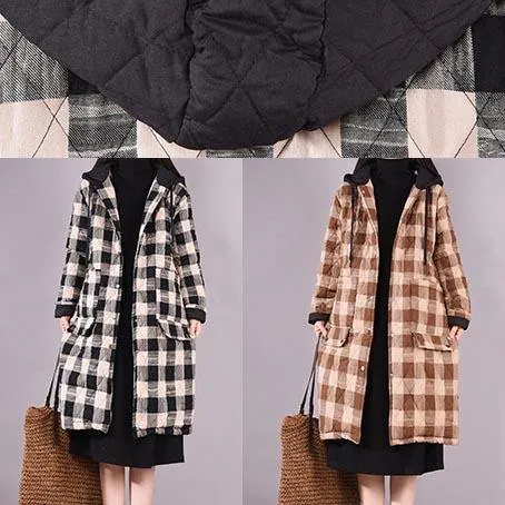 Elegant Black Plaid Parkas For Women Trendy Plus Size Coats Hooded Pockets Outwear