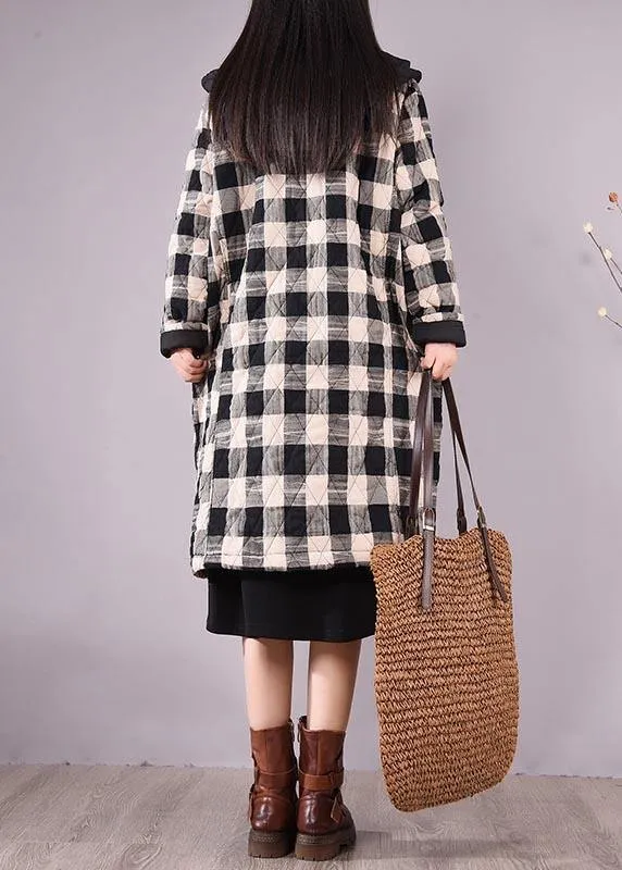 Elegant Black Plaid Parkas For Women Trendy Plus Size Coats Hooded Pockets Outwear