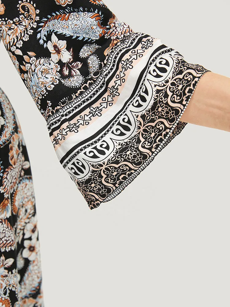 Floral & Paisley Print Elastic Waist Button Detail Dress