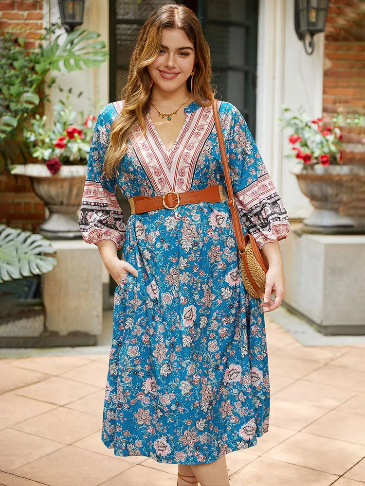 Floral Print Notched Lantern Sleeve Contrast Dress