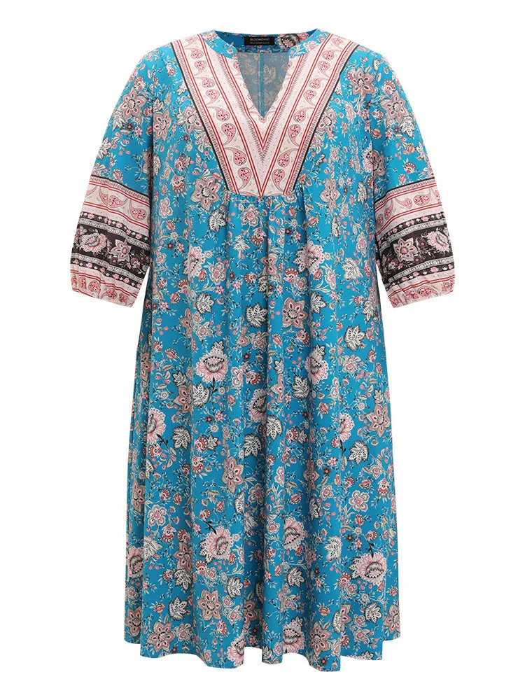 Floral Print Notched Lantern Sleeve Contrast Dress