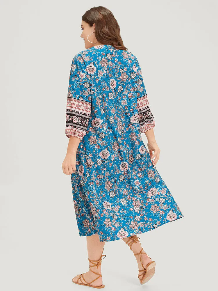 Floral Print Notched Lantern Sleeve Contrast Dress