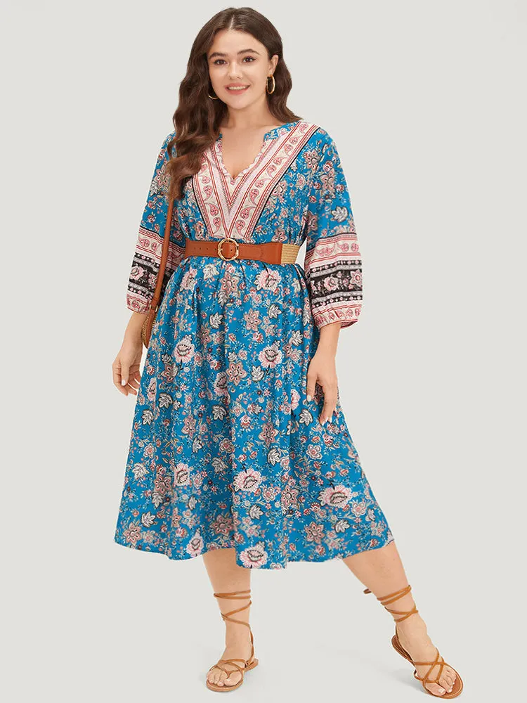 Floral Print Notched Lantern Sleeve Contrast Dress