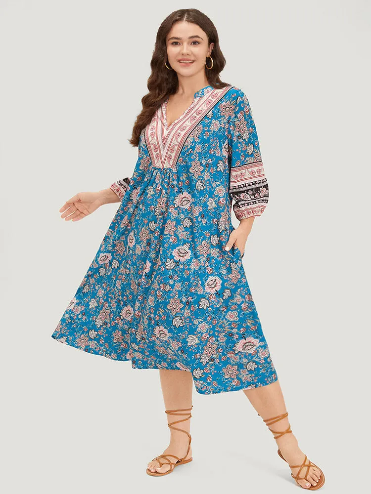 Floral Print Notched Lantern Sleeve Contrast Dress