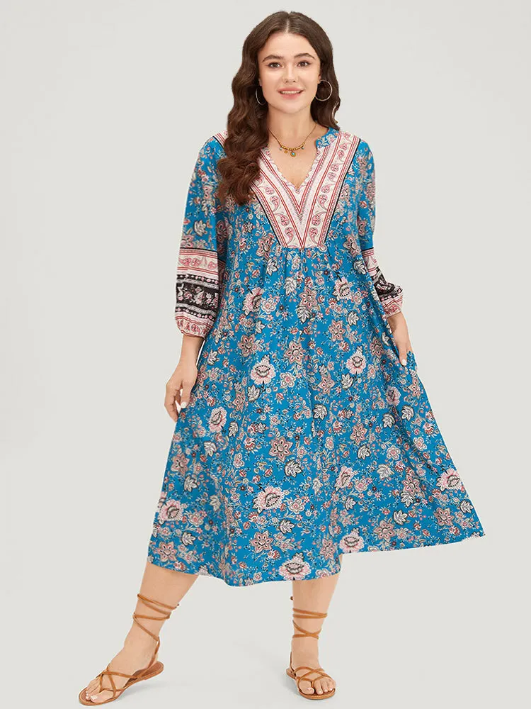 Floral Print Notched Lantern Sleeve Contrast Dress