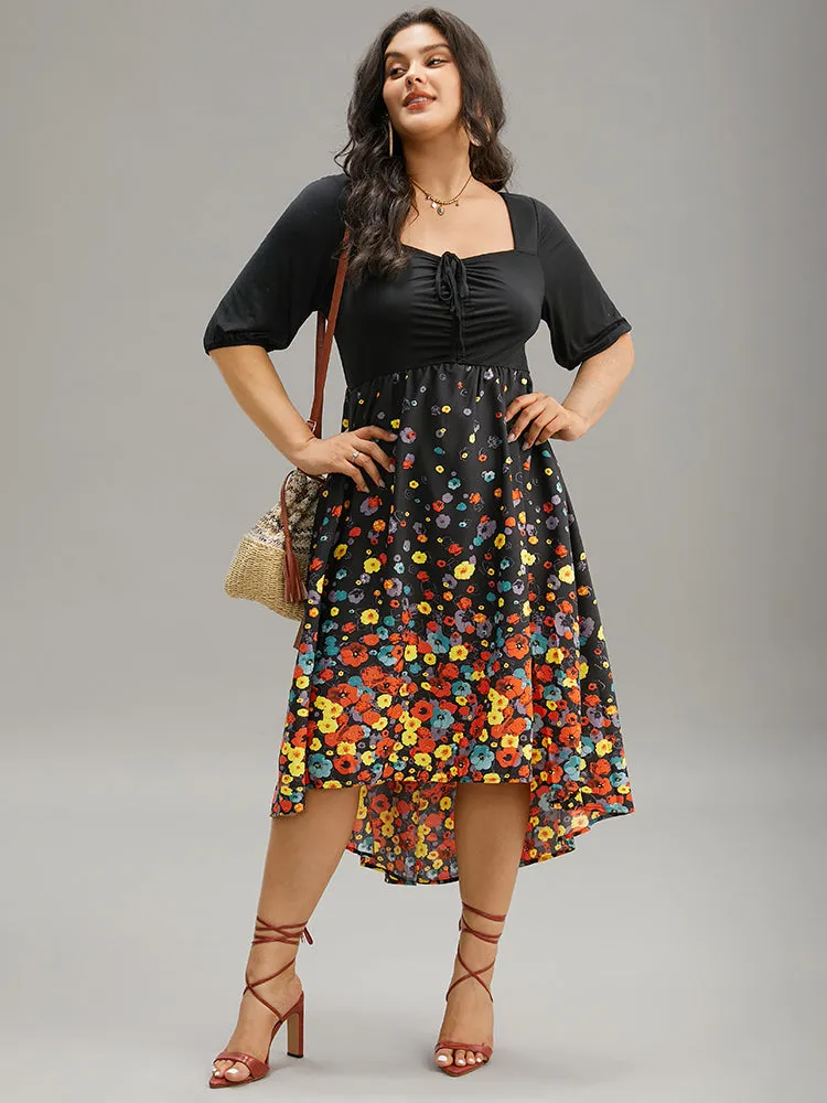 Floral Print Patchwork Drawstring Square Neck Dress