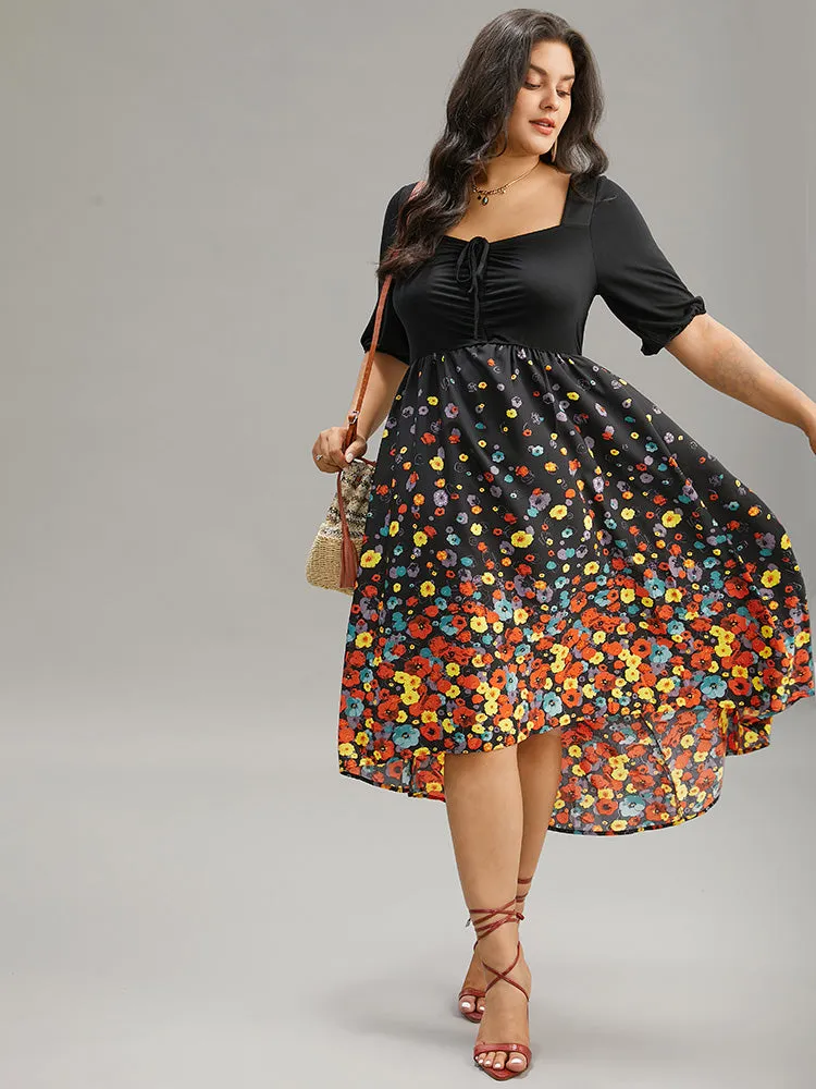 Floral Print Patchwork Drawstring Square Neck Dress