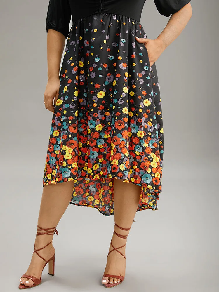 Floral Print Patchwork Drawstring Square Neck Dress