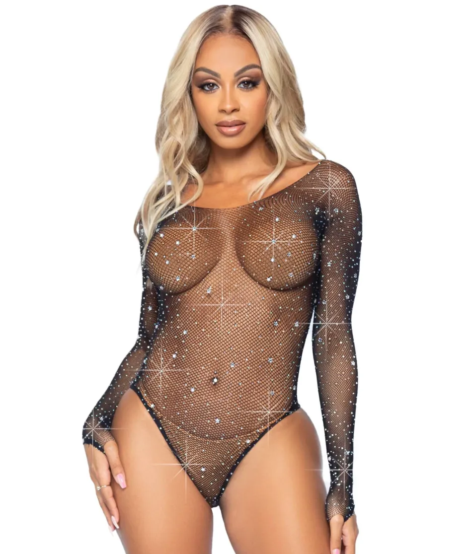 Galaxy Star Rhinestone Fishnet Bodysuit - O/S (Black)