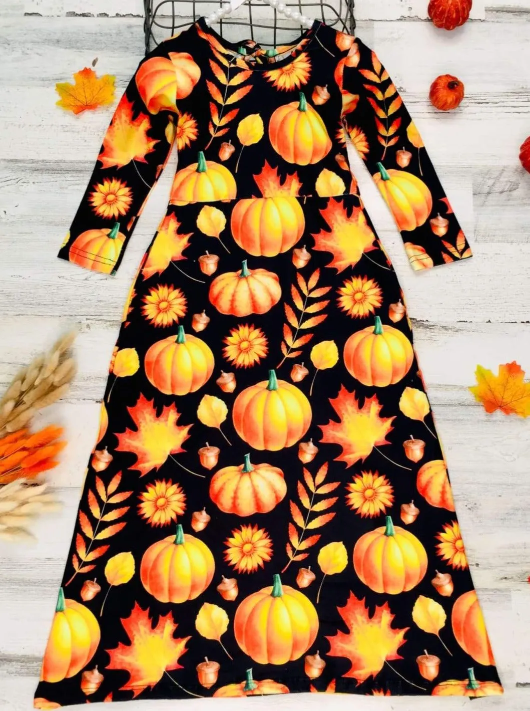 Girls Long Sleeve Pumpkin Printed Maxi Dress