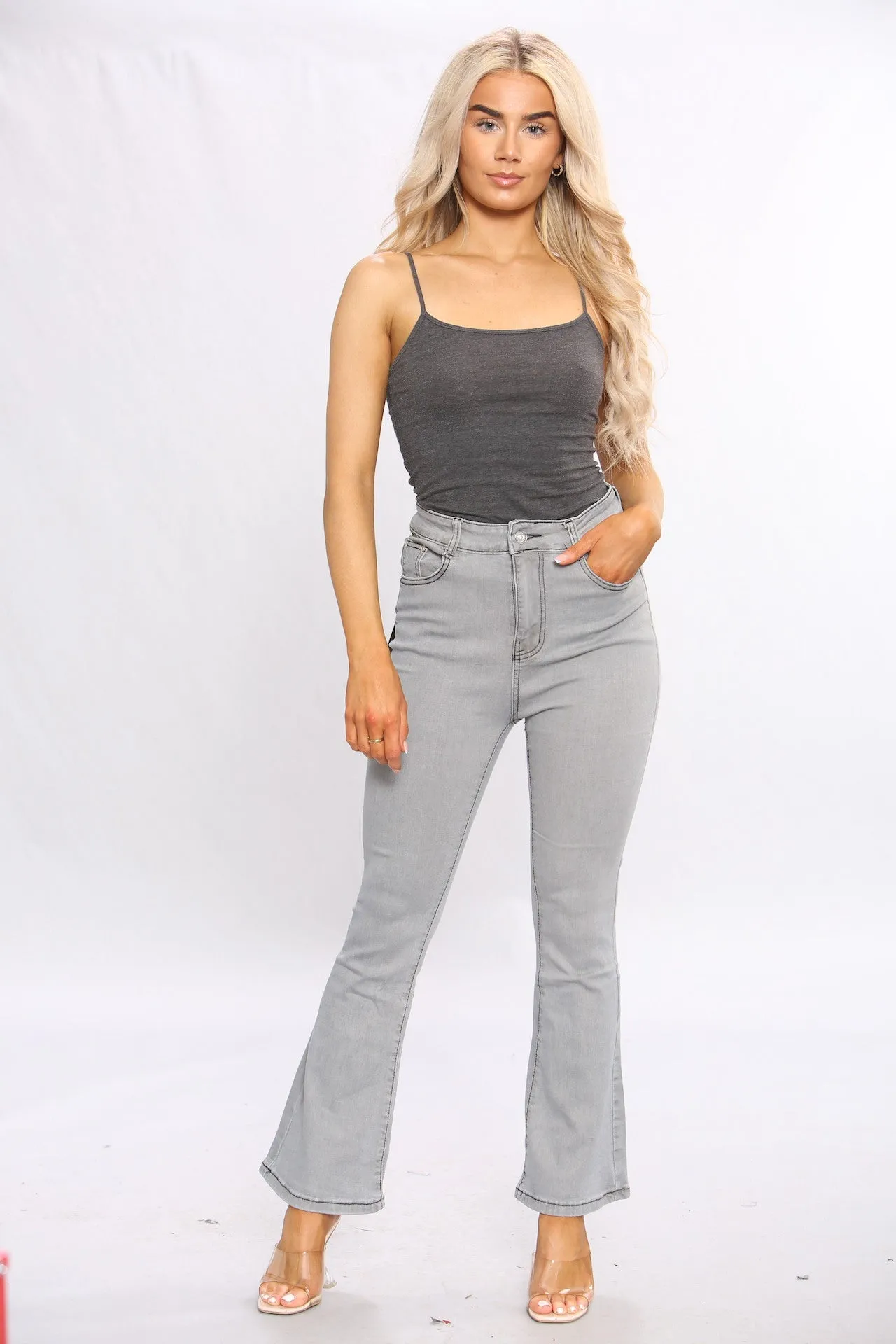 Grey High Waist Flare Jeans