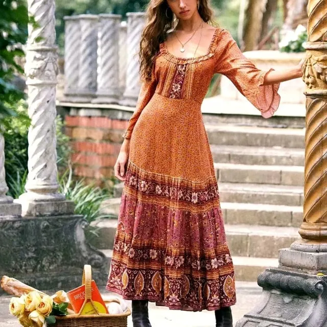 Gypsy Maxi Dress Floral Orange And Burgundy Or Blue And Blush You Choose Bohemian Ruffles Flare Sleeves Tie Waist Peasant Blouse Gown Available In Sizes XS Small Medium Or Large