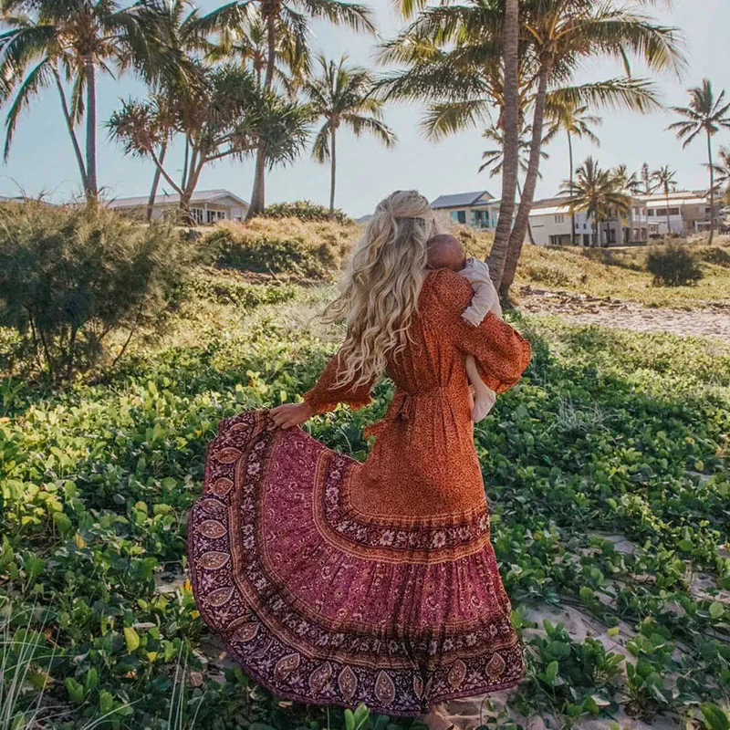 Gypsy Maxi Dress Floral Orange And Burgundy Or Blue And Blush You Choose Bohemian Ruffles Flare Sleeves Tie Waist Peasant Blouse Gown Available In Sizes XS Small Medium Or Large