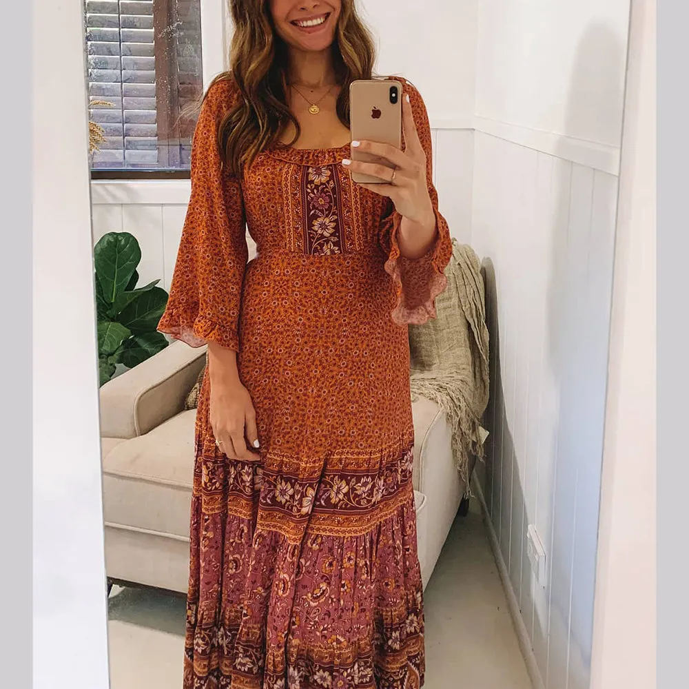 Gypsy Maxi Dress Floral Orange And Burgundy Or Blue And Blush You Choose Bohemian Ruffles Flare Sleeves Tie Waist Peasant Blouse Gown Available In Sizes XS Small Medium Or Large