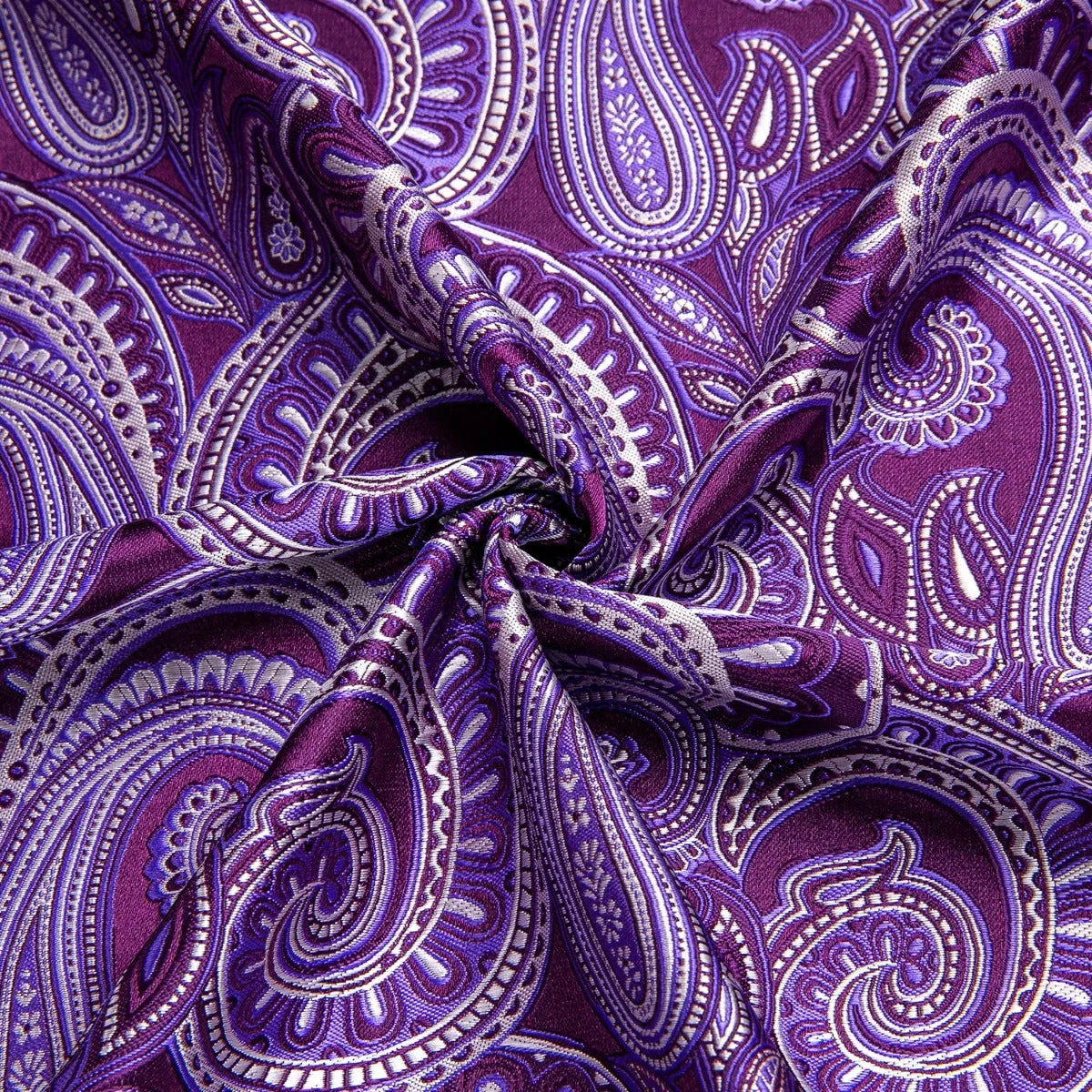 Hi-Tie Deep Purple Dress Shirt Top Paisley Silk Men Short Sleeve Shirt