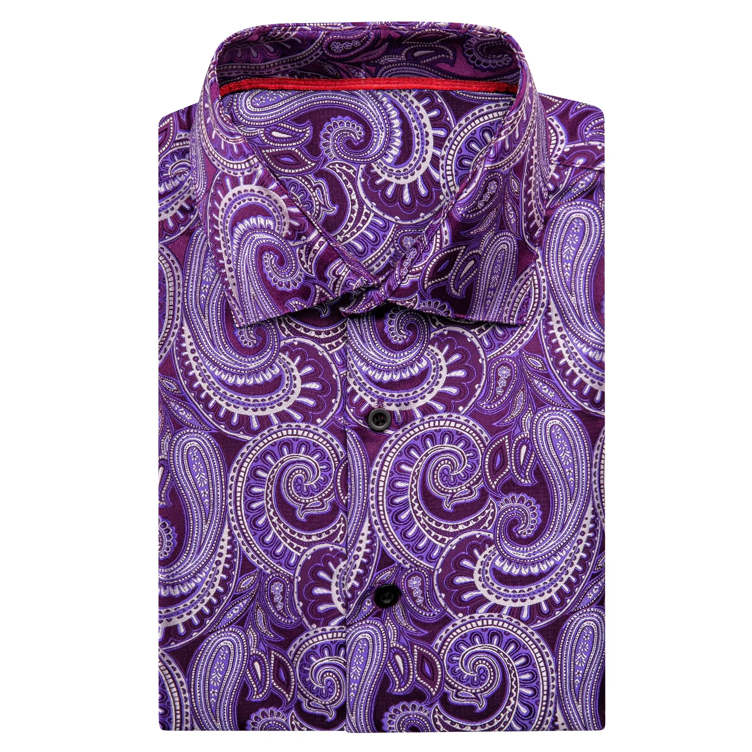 Hi-Tie Deep Purple Dress Shirt Top Paisley Silk Men Short Sleeve Shirt