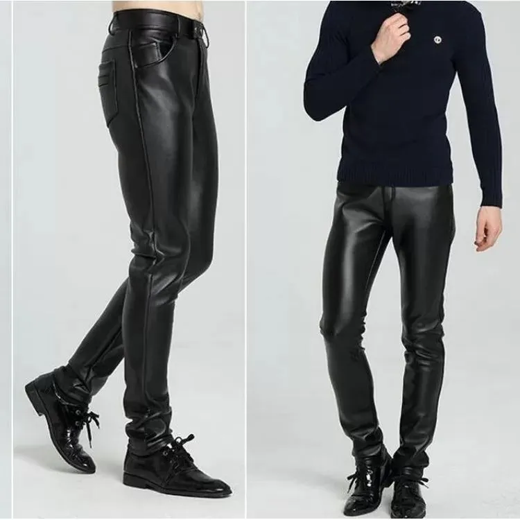 High Waist Slim Fit Black Leather Motorcycle Pants for Men