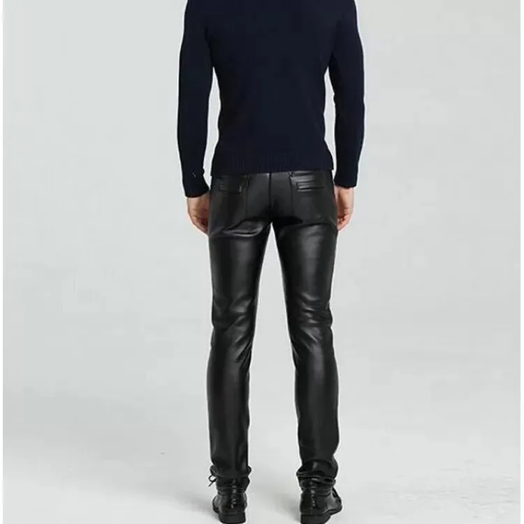 High Waist Slim Fit Black Leather Motorcycle Pants for Men